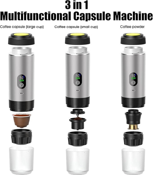 3-in-1 Portable Electric Espresso Machine–20Bar Self‑Heating camping coffee maker with 7500mA Battery,Display,compatible with Large/Small Capsules&Coffee Powder for Travel,Camping,Car&Office