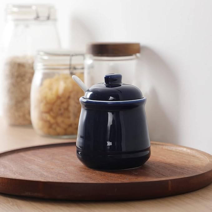 HAOTOP Porcelain Salt Bowl with Lid and Spoon,Ceramic Sugar Bowl 12oz (Navy)