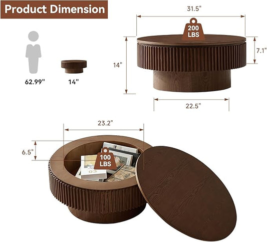 SZTHHDF Round Coffee Table for Living Room,Fluted Drum Accent Tea Center Table with Storage,Circle Modern Coffee Tables for Small Space Office Apartment (31.5" L×31.5''W×14''H-Walnut)