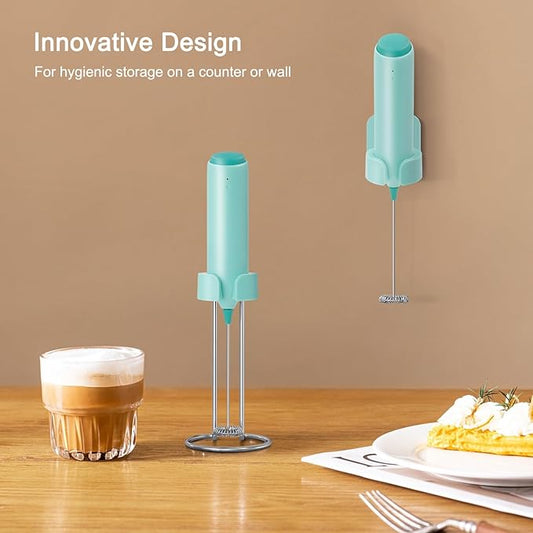 Rechargeable Coffee Frother by ELMWAY, Electric Milk Frother with Charging Stand & Wall Mount, Handheld Drink Mixer, Foam Maker for Coffee, Matcha - Green