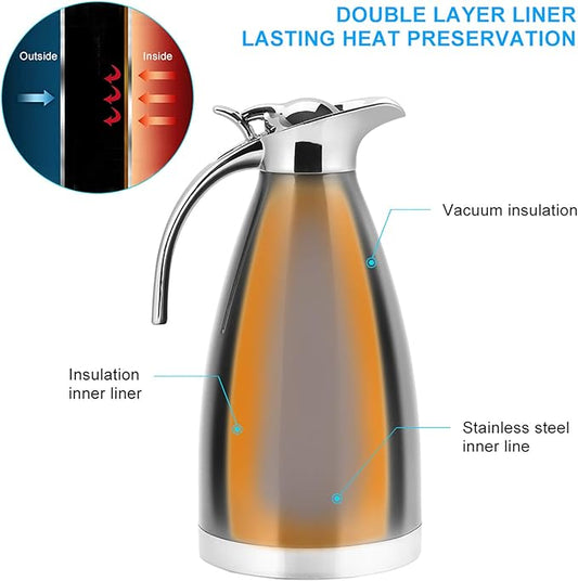 Fdit 1.5L/2L Coffee Tea Pot Stainless Steel Double Wall Vacuum Insulated Pot Jug Hot Water Bottle(Silver 2L)