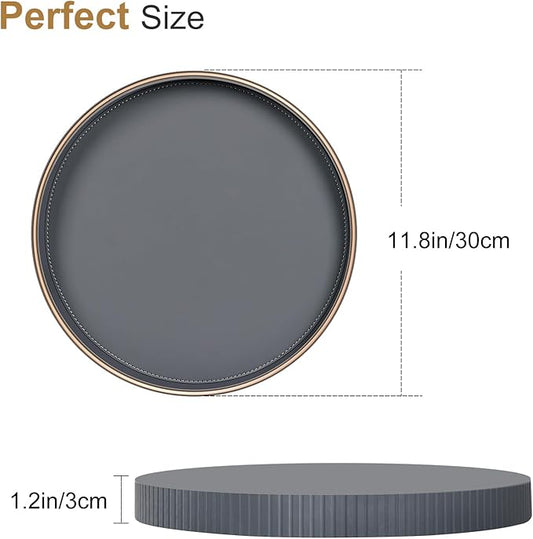 KINGFOM Round Decorative Tray, PU Leather Vanity Tray Organizer with Gold Trim for Dresser, Coffee Table & Bathroom Counter, Modern Home Decor Jewelry & Perfume Tray for Men Women (Gray)