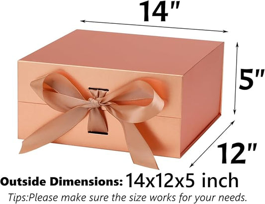 OEMVALATY Rose Gold Gift Box,14x12x5 Inches Gift Boxes with Lids for Presents with Magnetic Closure and Ribbon for Wedding,Storage,Birthday