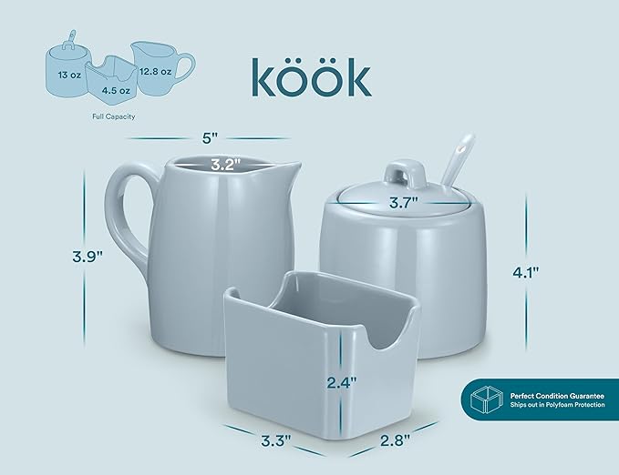 KooK Sugar and Creamer Set, 3 Piece, Pitcher, Sugar Bowl with Lid and Spoon, Sweetener Holder, Casper Blue