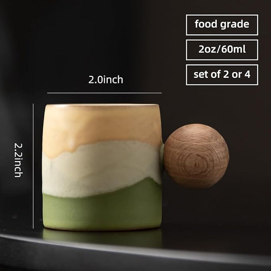 2-Oz Ceramic Espresso Cups with Wood Handle, 2-Piece Set for Coffee, Tea, Latte - Dishwasher Safe, Multi-Color & Wood Styles, Gift & Café Use (Kiln turning green, Round Handle2)