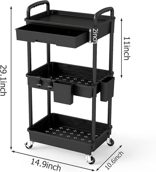 3 Tier Rolling Utility Cart with Drawer, Plastic Storage Organizer Rolling Carts with Wheels Handles Hanging Cups Hooks for Office, Bathroom, Kitchen,Craft Art Room (Black)