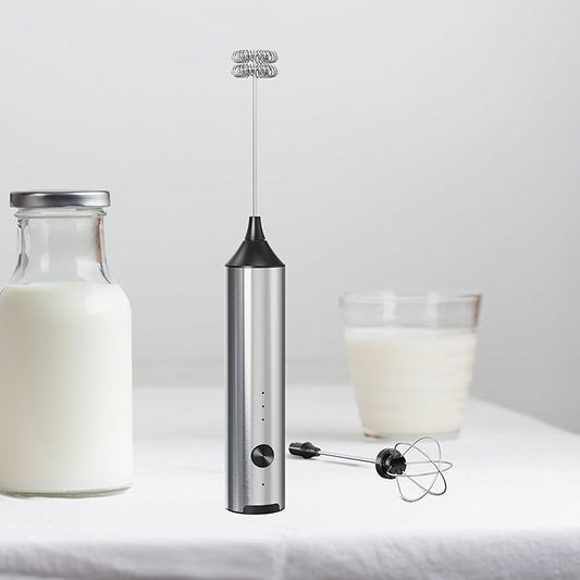 Handheld Milk Frother Wand Rechargeable - Double Whisk Milk Frother Handheld - 3 Speed Levels - Coffee Stirrers Electric (Upgraded - Stainless Steel without Stand)