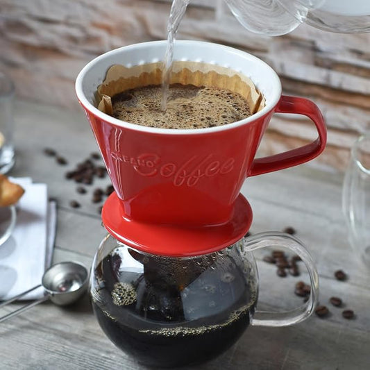 Creano XXL Porcelain Coffee Dripper Red - Ceramic Cone Brewer - Pour Over Coffee Maker - Filter Size 4 - huge and heavy quality 800gr/28oz - 6 Colours availeble
