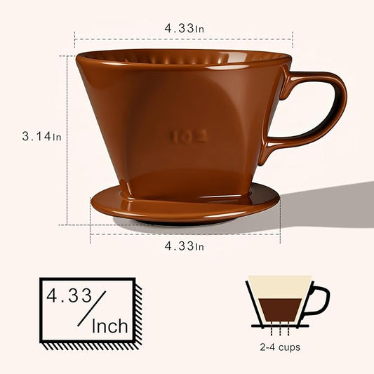 Handmade Pour Over Ceramic Coffee Dripper - Authentic Brewing Experience for Camping, Office, and Home (Coffee Brown)