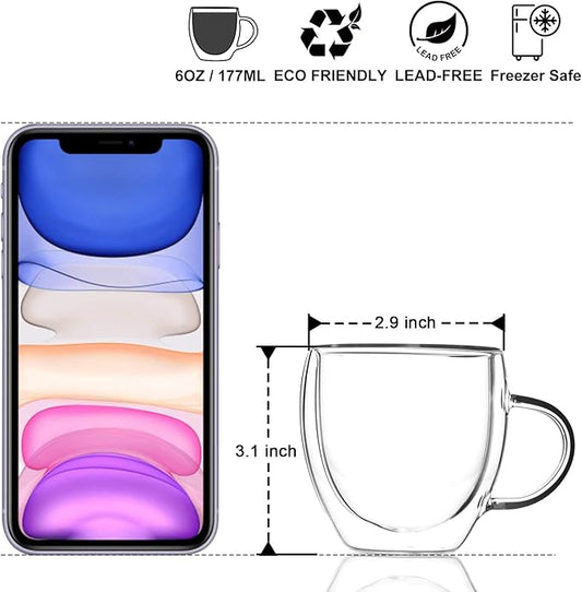 KitchenTour Insulated Coffee Mug 6 oz- Double Wall Glass Coffee Cup with Handle Set of 4 - Clear Glass Drinkware for Espresso,Cappuccino, Latte,Hot Beverages