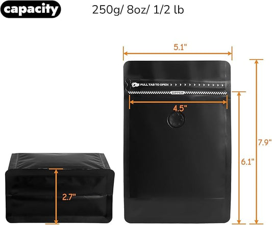 ZOOFOX 50 Pack Coffee Bags with Valve, 8 oz Matte Black Stand Up Coffee Beans Storage Bag, Heat Sealable Foil Pouch Bags for Packaging, Home or Store