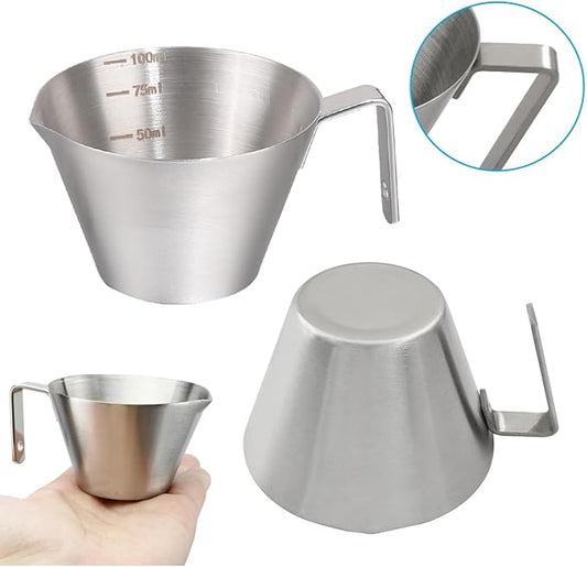 2 Pcs Espresso Cups with Handle, BetterJonny 3.4OZ / 100ML Stainless Steel Coffee Bean Dosing Cup Espresso Machine Accessories,V-Shaped Mouth Metal Measuring Cup with Scale for Bar Home Party