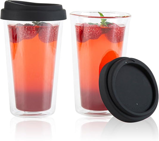 Restaurantware Glass Travel Mug 1 Count 14 Ounce Double Wall Borosilicate Reusable Coffee Cup, Spill-Resistant Black Silicone Lid, Clear Drinkware Mug for Hot and Cold Beverages