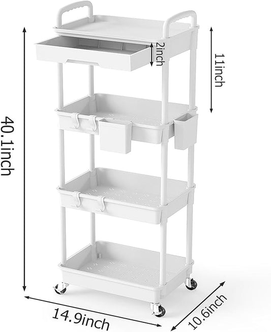 4 Tier Rolling Utility Cart with Drawer, Plastic Storage Organizer Rolling Carts with Wheels Handles Hanging Cups Hooks for Office, Bathroom, Kitchen,Craft Art Room (White)