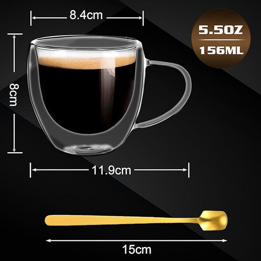 Clear Glass Coffee Cups with Spoons in a Luxurious Gift Box Set of 2 Pieces - 5.5oz in Sizes Double Wall Insulated Reusable Cups for Home Cafe Restaurant - Best Gift for Coffee Lovers