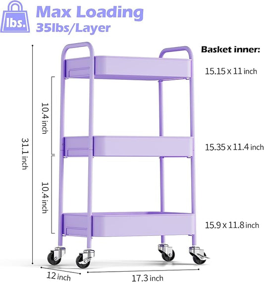 TOOLF 3-Tier Metal Rolling Cart with Wheels, Storage Utility Organizer Cart for Kitchen, Bathroom, Office, Baby Essentials & Makeup - Lockable Casters, Easy Assembly, Large Capacity, Purple