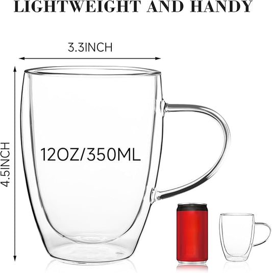 Aurzen Double Wall Glass Coffee Mug, 12oz Clear Latte Mug with Handles, Clear Cups for Tea, Beverages,Expresso, Juice, Milk Microwave Safe Set of 4