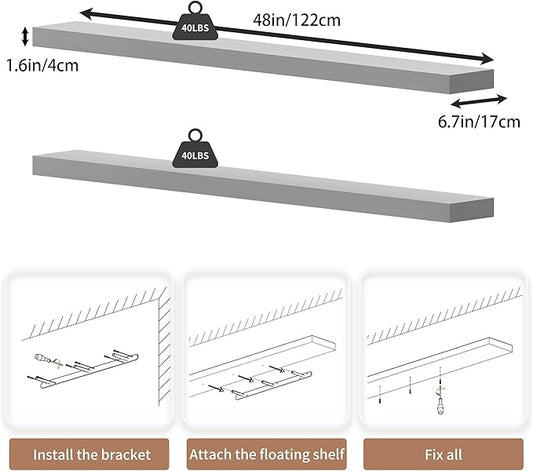 48 inch Long Floating Shelves for Wall,Solid Wood Long Shelves Set of 2,Rustic Wall Mounted Shelves with Invisible Brackets for Decor & Storage (White, 48 Inch)