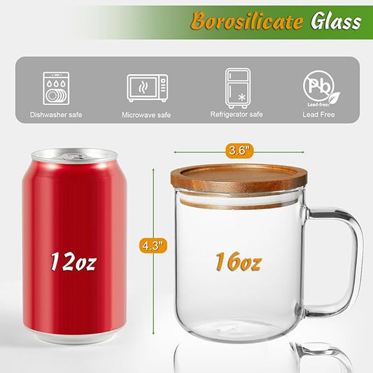 DRASTAR Glass Coffee Cups, 16 oz Coffee Mugs, Flat Bottomed Cups with Acacia Wood Lid, Glass Tea Cup with Handle, Clear Tea Cup Set of 2