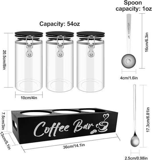 Glass Coffee Containers with Shelf Coffee Station Organizer 54oz Black Glass Coffees Bean Storage Canister with Spoon Coffee Canister Set Kitchen Food Storage Jars for Coffee/Sugar/Candy