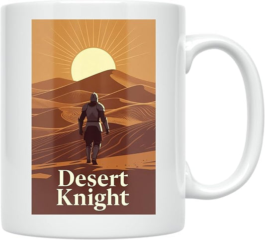 Desert Knight Adventure - Fantasy Lover - 11 oz White Ceramic Coffee Mug - Minimalist Aesthetic