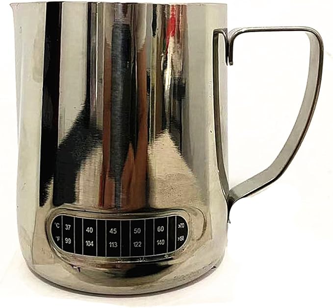 Milk Frothing Pitchers 21 oz (600 ml) with Integrated Thermometer,Latte Art Jug Stainless Steel Creamer Temperature Espresso Steaming Pitchers