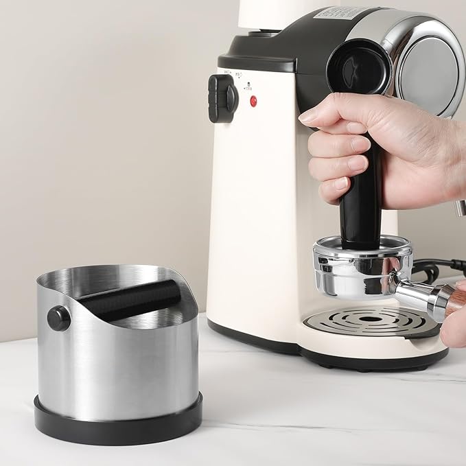 Coffee Grounds Knock Box, Small Stainless Steel Espresso Coffee Knock Box, Coffee Grind Knock Out Box with Removable Knock Bar and Coffee Brush, Coffee Grounds Container with Non-Slip Base