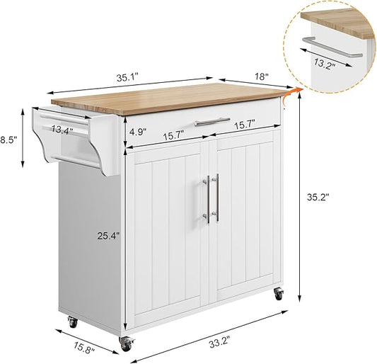 Kitchen Island with Storage, Wooden Rolling Kitchen Island On Wheels with Wood Top, Mobile Kitchen Bar Cart Cabinet with Towel Rack, Spice Rack and Drawers, White