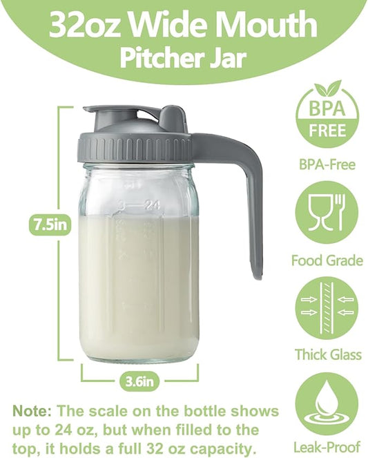 2 Pack 32oz Glass Pitcher with Lid & V-shaped Pour Spout - 1 Quart Breastmilk Pitcher Double Leak Proof, Creamer Container for Sun Tea, Juice, Cold Brew Coffee, Breastmilk Storage Container
