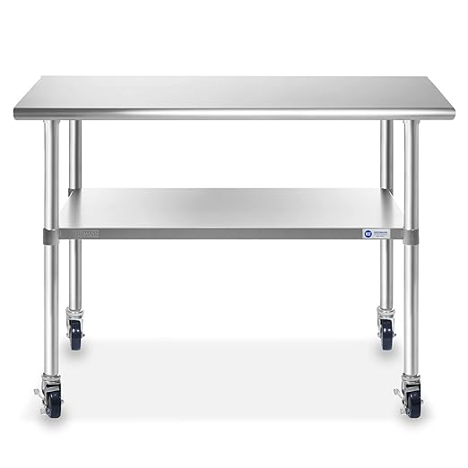 GRIDMANN NSF Stainless Steel Work & Prep Table 48 x 30 Inches with Caster Wheels and Under Shelf for Restaurant, Home, Hotel