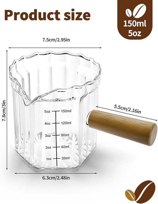 Espresso Measuring Cup 5 Oz, Espresso Glass Cups with Wood Handle, Milk Frothing Cup, Espresso Cup for Coffee, Milk, Tea or Maple Syrup Serving (Transparent, 5 oz)
