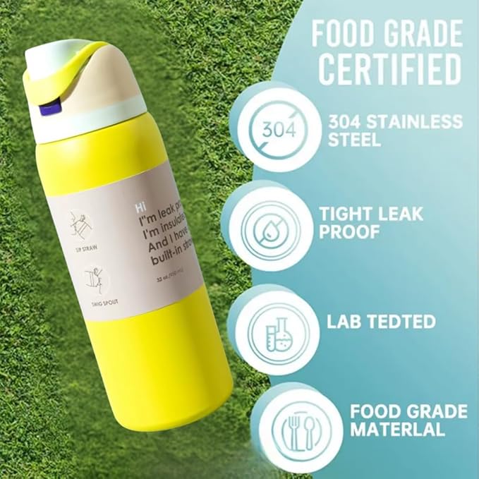 DUTHINGS Insulated Stainless Steel Water Bottle with Straw, 32 oz, Reusable Sports and Travel Bottle for School, Kids, and Outdoors - Leakproof and BPA-Free (YELLOW)