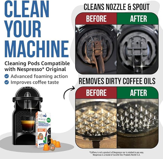 Caffenu Nespresso Compatible Cleaning Pods. 10 Cleaner Capsules. Improved Coffee Flavor. For Nespresso Originaline, Use with Descaling Kit.