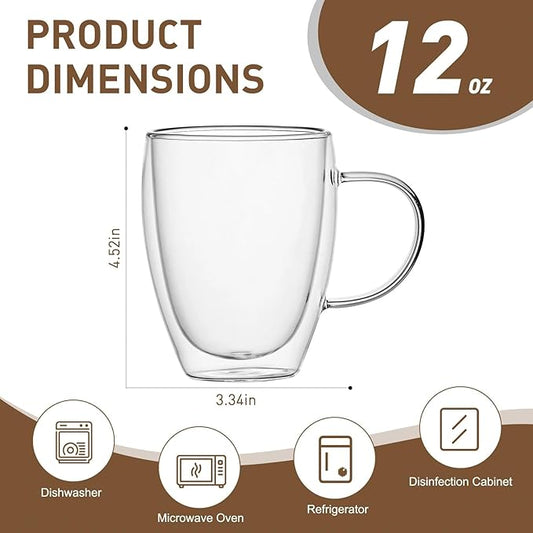 12 Oz Double Walled Glass Coffee Mugs with Handle, Insulated Layer Coffee Cups, Clear Borosilicate Glass Mugs - Gift for Cappuccino,Tea,Latte,Espresso,Hot Beverage,Cold Drinks, Set of 2