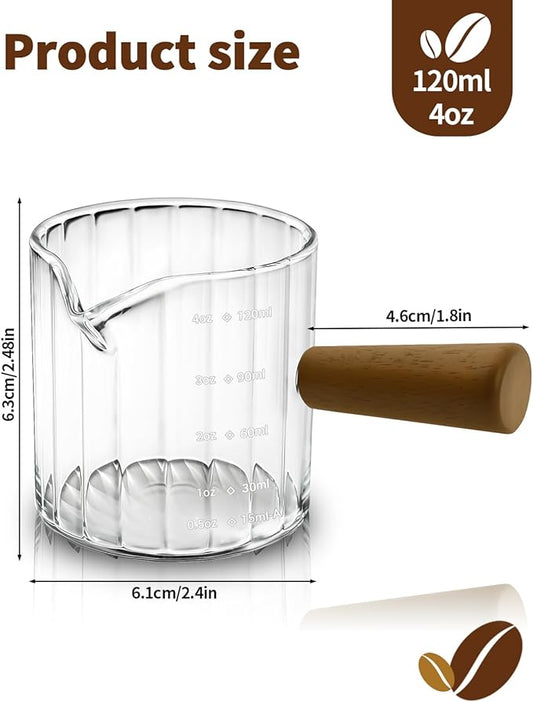 Espresso Measuring Cup 4 Oz, Espresso Glass Cups with Wood Handle, Milk Frothing Cup, Espresso Cup for Coffee, Milk, Tea or Maple Syrup Serving (Transparent, 4 oz)
