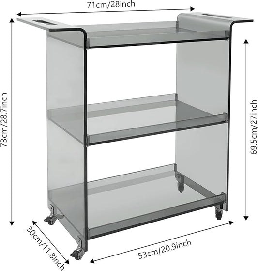 Rolling Serving Cart 3-Tier Small Bar Cart with Lockable Casters Storage Rolling Trolley 66lbs Capacity Mobile Kitchen Trolley for Home, Kitchen, Cafe (28 * 11.8 * 28.7in, Smoke Gray)