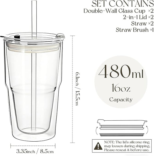 KEMORELA 16oz Clear Glass tumbler with Lids and Straws 2pcs,Double Wall Iced Coffee Cups with Lids,Coffee Bar Accessories, Insulated Borosilicate Glass Tumblers, To Go Coffee Cups, Spill proof