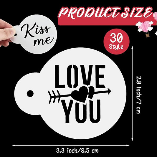 30 Pcs Valentine's Day Cake Stencil Templates Decoration Valentine Plastic Cookie Decorating Stencils Reusable Coffee Stencils Baking Painting Mold Tools for Valentine's Day Baking DIY Decor Mold