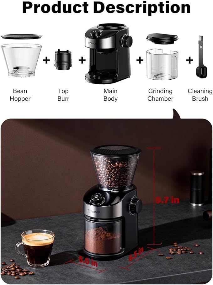 SHARDOR Burr Coffee Grinder Electric with 32 Grinding Sizes 3.0, Coffee Grinders for Home Use with 40 Seconds Adjustable Electronic Timer, Coffee Bean Grinder with Chamber Cleaning Button