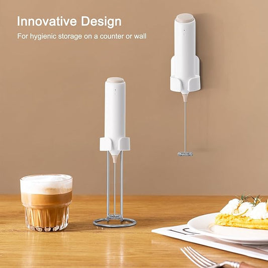 Rechargeable Coffee Frother by ELMWAY, Electric Milk Frother with Charging Stand & Wall Mount, Handheld Drink Mixer, Foam Maker for Coffee, Matcha - White