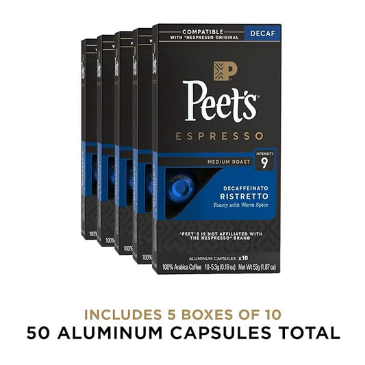 Peet's Coffee, Medium Roast Decaf Espresso Capsules, Compatible with Nespresso Original Machine - Decaf Ristretto Intensity 10, 50 Count (5 Boxes of 10 Espresso Capsules)
