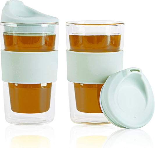Restaurantware Glass Travel Mug 1 Count 12 Ounce Double Wall Borosilicate Reusable Coffee Cup, Spill-Resistant Mint Green Silicone Lid, Clear Drinkware Mug for Hot and Cold Beverages