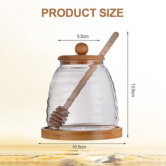 QUUPY 16.7Oz Glass Honey Jar with Dipper and Bamboo Lid Wide Mouth Syrup Containers Dispensers for Coffee Bar Home Kitchen Organization