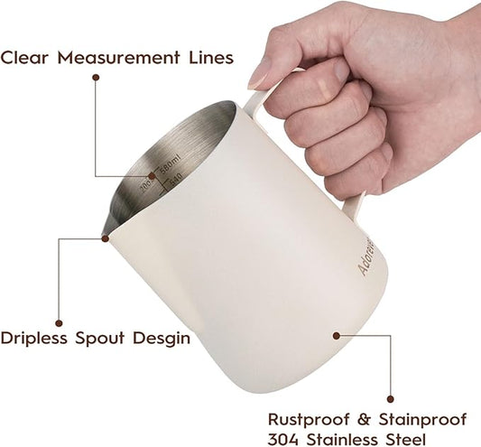 Milk Frothing Pitcher, 600ml/20oz Steaming Pitchers Stainless Steel Milk Coffee Cappuccino Latte Art Barista Steam Pitchers Milk Jug Cup with Decorating Art Pen, Matte White