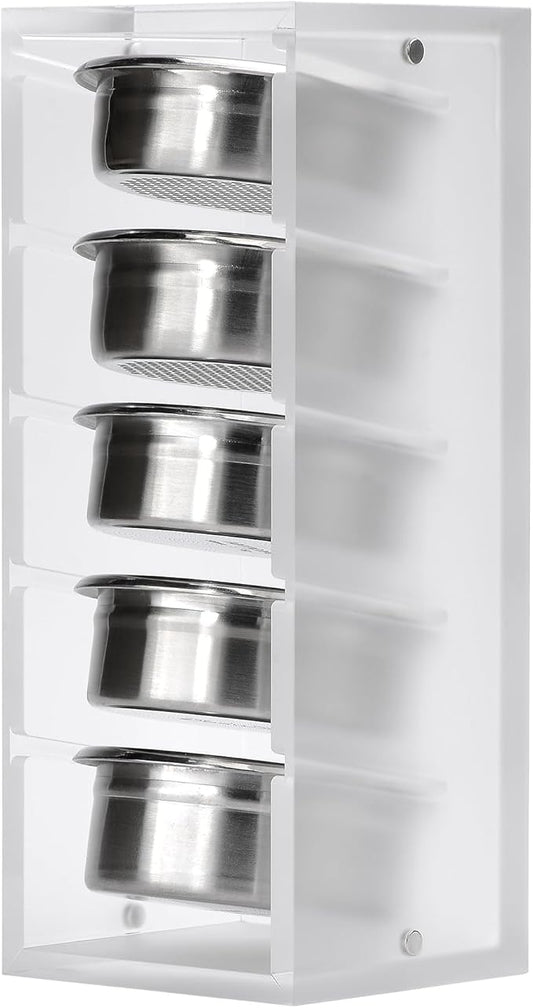 Normcore 58mm Portafilter Basket Storage Holder, Holds 5 Espresso Filter Basket Rack Acrylic Stand for 58mm Portafilter Baskets, Frosted Clear