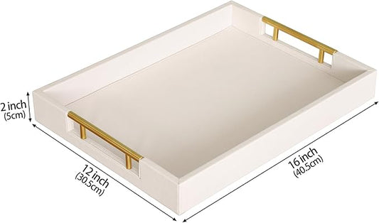 HofferRuffer Faux Leather Serving Tray with Gold Metal Handles, Stylish Decorative Tray Organizer for Coffee Table, Ottoman, Home Decor and Serving (CreamWhite, 16.2" x 12.2" x 2")