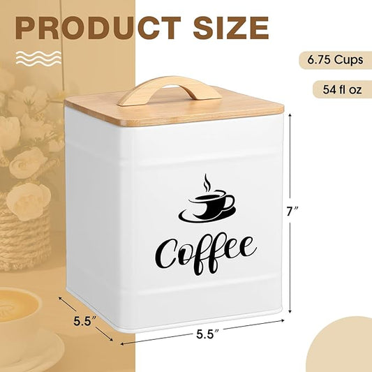 Maxdot 40 oz Coffee Container White Airtight Coffee Canister Large Iron Farmhouse Container with Wooden Bamboo Lid Tea Storage Canisters for Kitchen Countertop Grounds Beans Pods Housewarming Gifts