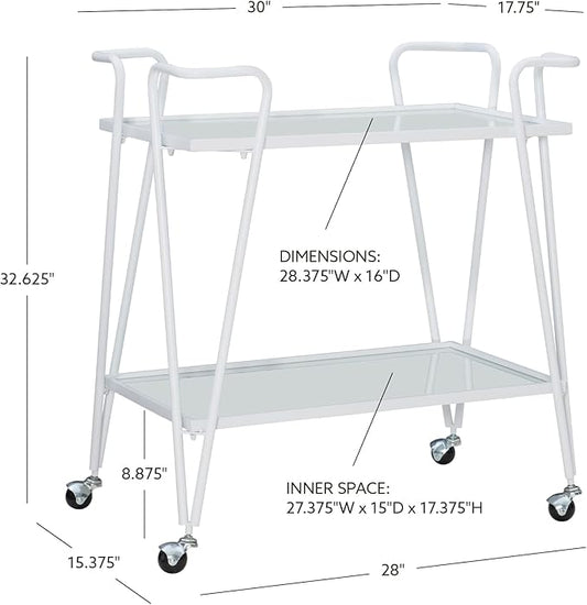 Gina White Mid-Century Bar Cart with Mirrored Shelves and Locking Wheels by Linon