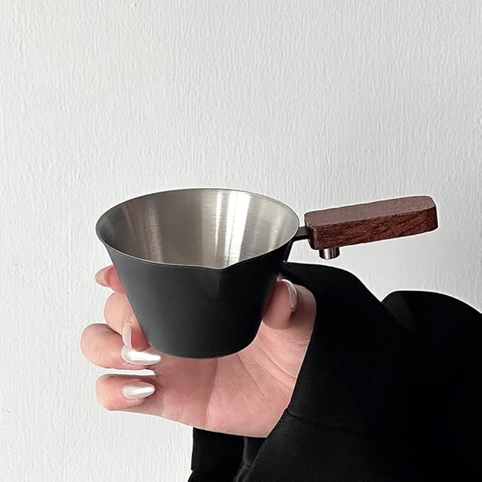 Zonfer Stainless Steel Espresso Shot Cup with Wooden Handle for Coffee Measuring and Brewing, Multi-Purpose Espresso & Milk Ounce Cup with Measurement Marks
