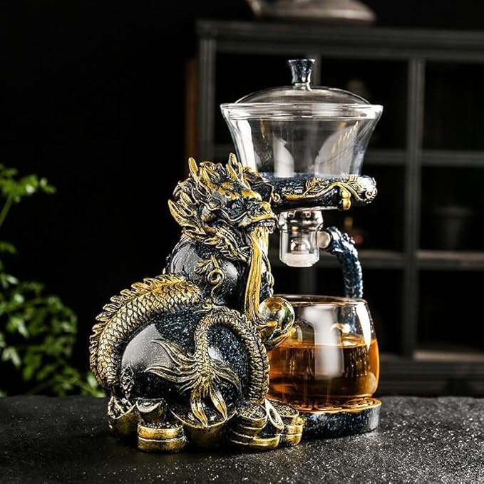 Glass Teapot Set with Infuser Semi Automatic Dragon Tea Set with 6 Small Cups (Blue golden dragon)